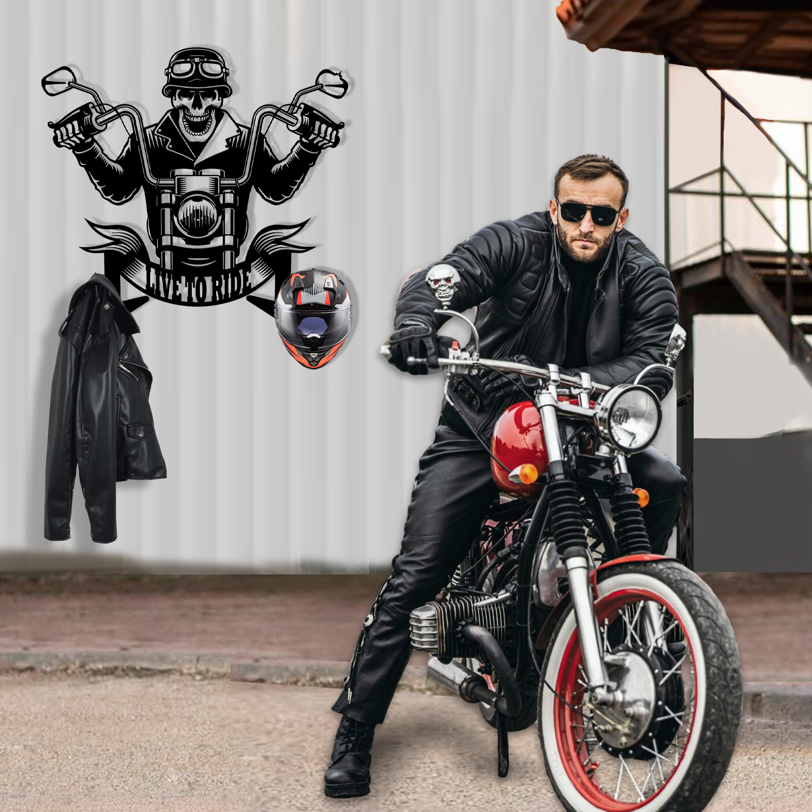 Personalized Skull Motorcycle Helmet Holder with Hooks, Custom Live to Ride Metal Wall Mount Rack, Biker Garage Decor for Helmet, Coat, Jacket and Keys