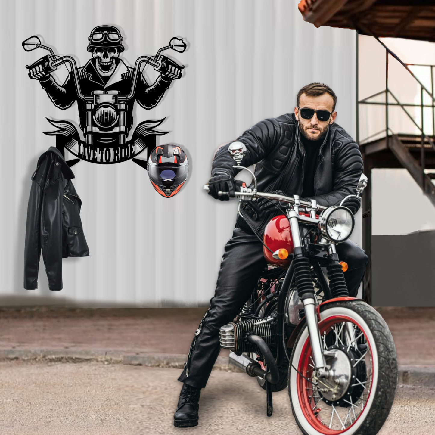 Personalized Skull Motorcycle Helmet Holder with Hooks, Custom Live to Ride Metal Wall Mount Rack, Biker Garage Decor for Helmet, Coat, Jacket and Keys