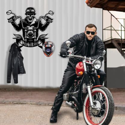 Personalized Skull Motorcycle Helmet Holder with Hooks, Custom Live to Ride Metal Wall Mount Rack, Biker Garage Decor for Helmet, Coat, Jacket and Keys