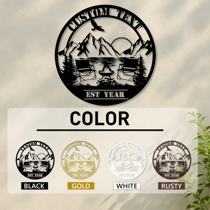 Custom Camping Lake Metal Sign, Personalized Mountain Sunset Firepit Wall Art with Chairs and Name, Outdoor Decor for Cabin or Campsite