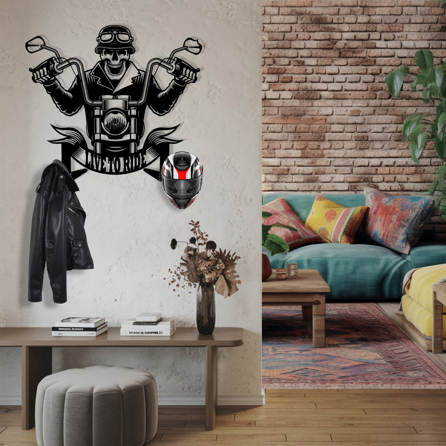 Personalized Skull Motorcycle Helmet Holder with Hooks, Custom Live to Ride Metal Wall Mount Rack, Biker Garage Decor for Helmet, Coat, Jacket and Keys