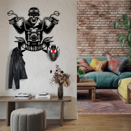 Personalized Skull Motorcycle Helmet Holder with Hooks, Custom Live to Ride Metal Wall Mount Rack, Biker Garage Decor for Helmet, Coat, Jacket and Keys