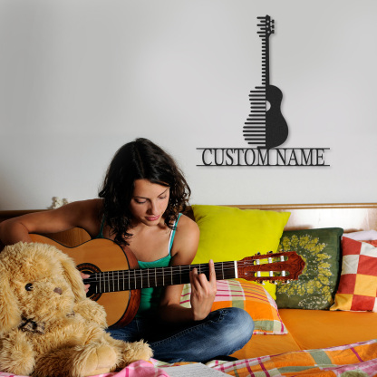 Personalized Acoustic Guitar Metal Sign, Custom Name Music Wall Art with Modern Stripe Design, Gift for Musicians