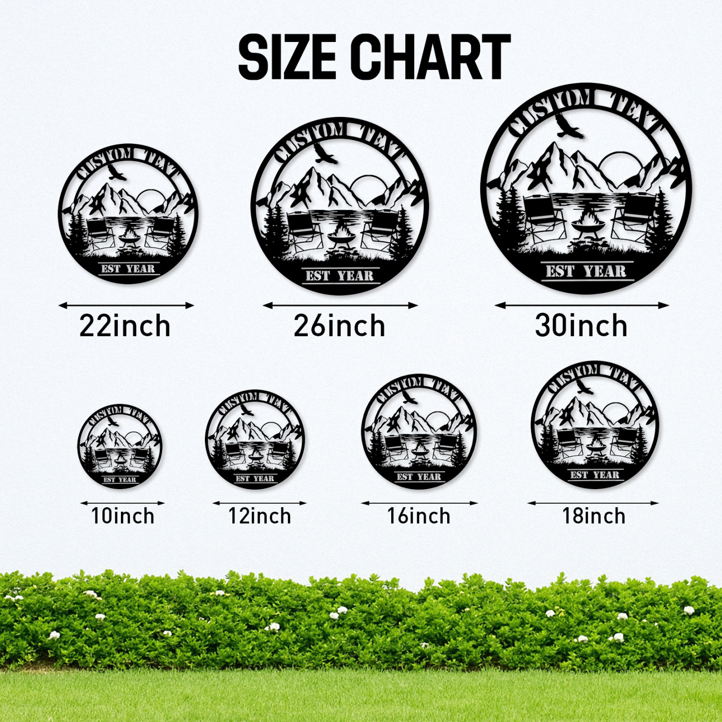 Custom Camping Lake Metal Sign, Personalized Mountain Sunset Firepit Wall Art with Chairs and Name, Outdoor Decor for Cabin or Campsite