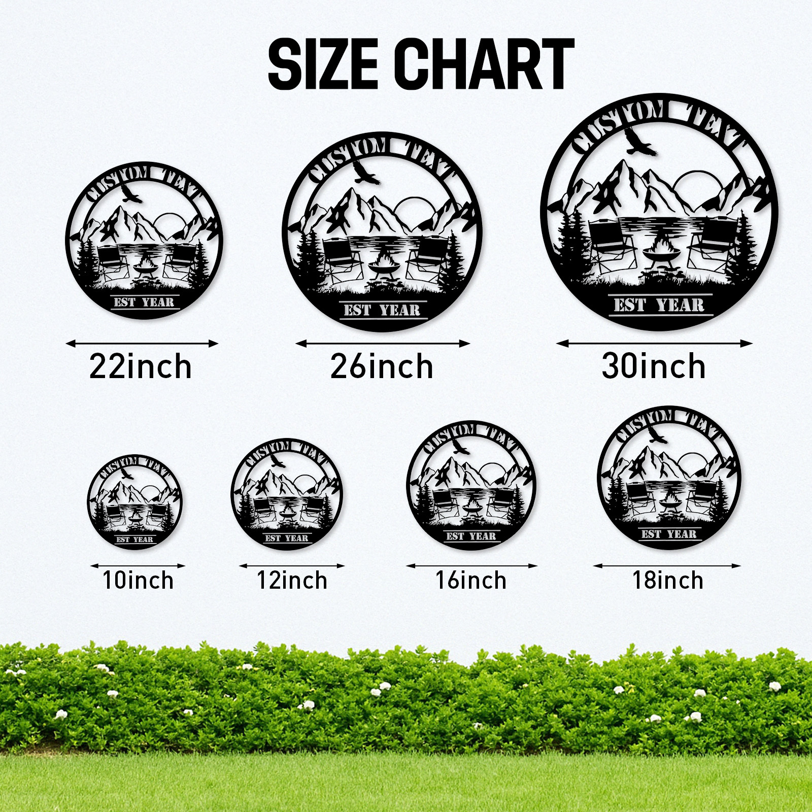 Custom Camping Lake Metal Sign, Personalized Mountain Sunset Firepit Wall Art with Chairs and Name, Outdoor Decor for Cabin or Campsite