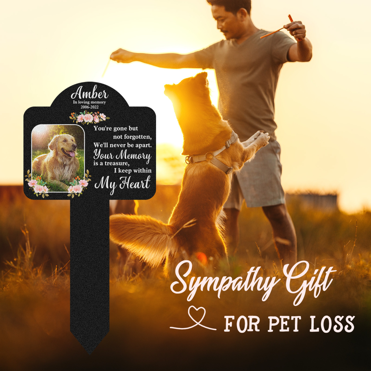 Custom Pet Memorial Stake with Poem and Photo, Floral Personalized Garden Grave Marker for Dogs or Cats