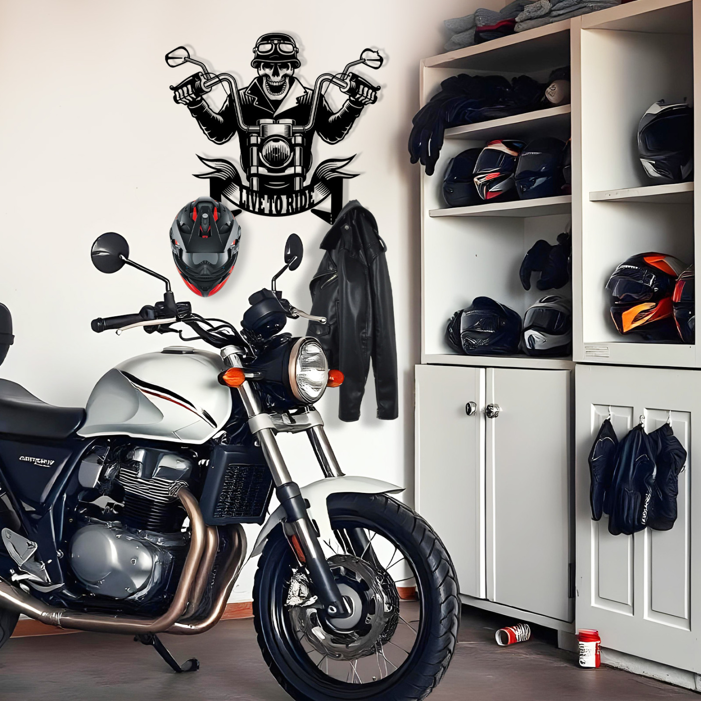 Personalized Skull Motorcycle Helmet Holder with Hooks, Custom Live to Ride Metal Wall Mount Rack, Biker Garage Decor for Helmet, Coat, Jacket and Keys