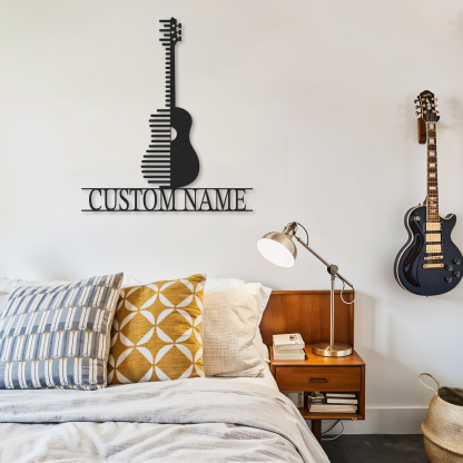 Personalized Acoustic Guitar Metal Sign, Custom Name Music Wall Art with Modern Stripe Design, Gift for Musicians
