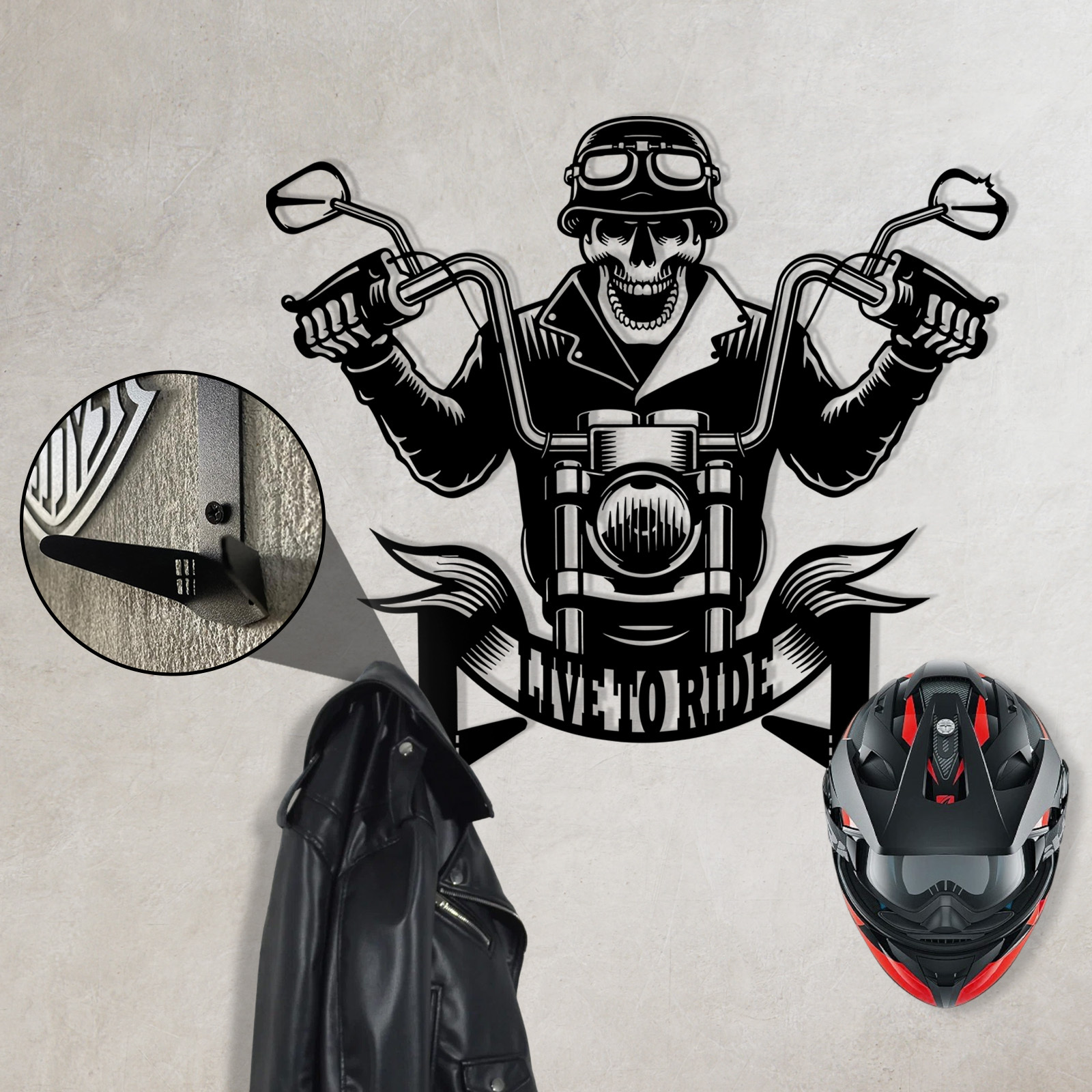Personalized Skull Motorcycle Helmet Holder with Hooks, Custom Live to Ride Metal Wall Mount Rack, Biker Garage Decor for Helmet, Coat, Jacket and Keys