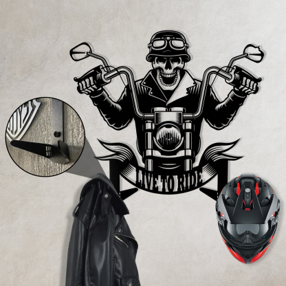 Personalized Skull Motorcycle Helmet Holder with Hooks, Custom Live to Ride Metal Wall Mount Rack, Biker Garage Decor for Helmet, Coat, Jacket and Keys