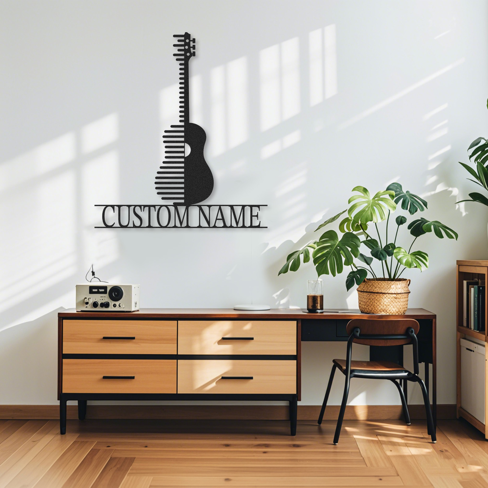 Personalized Acoustic Guitar Metal Sign, Custom Name Music Wall Art with Modern Stripe Design, Gift for Musicians
