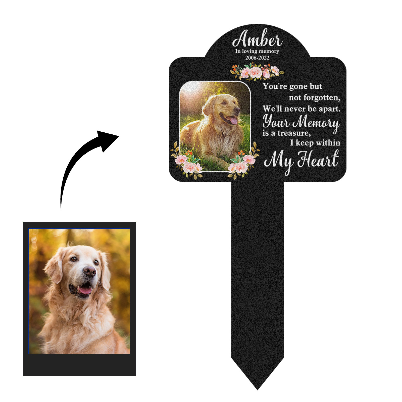 Custom Pet Memorial Stake with Poem and Photo, Floral Personalized Garden Grave Marker for Dogs or Cats