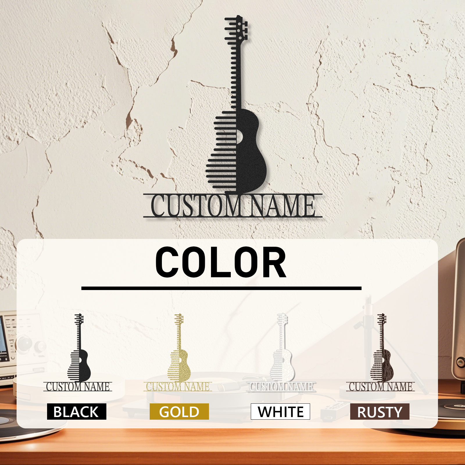 Personalized Acoustic Guitar Metal Sign, Custom Name Music Wall Art with Modern Stripe Design, Gift for Musicians