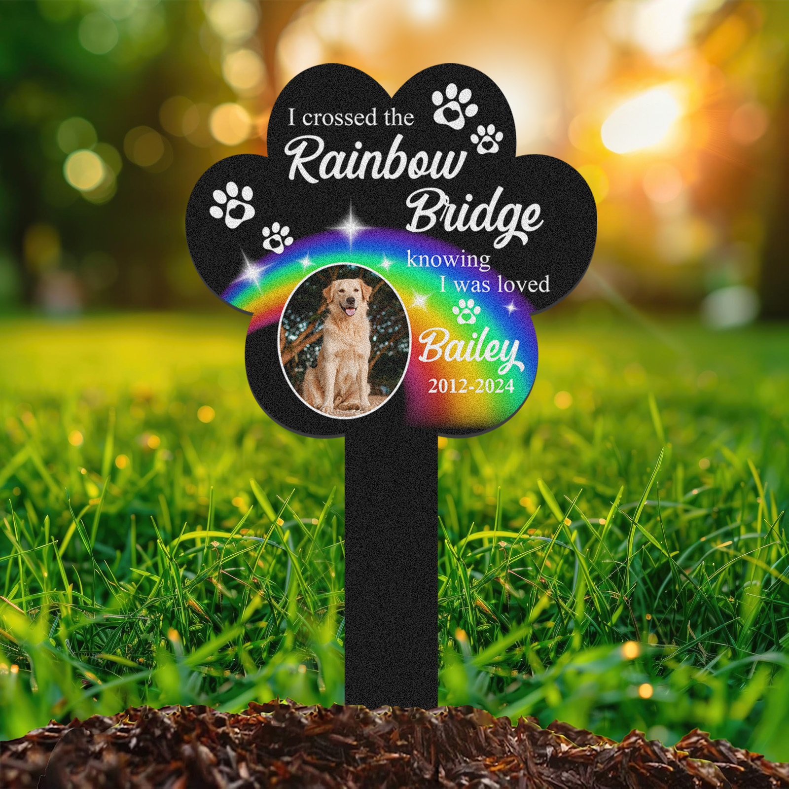 Rainbow Bridge Pet Memorial Stake, Custom Paw Shaped Photo Grave Marker for Dogs or Cats