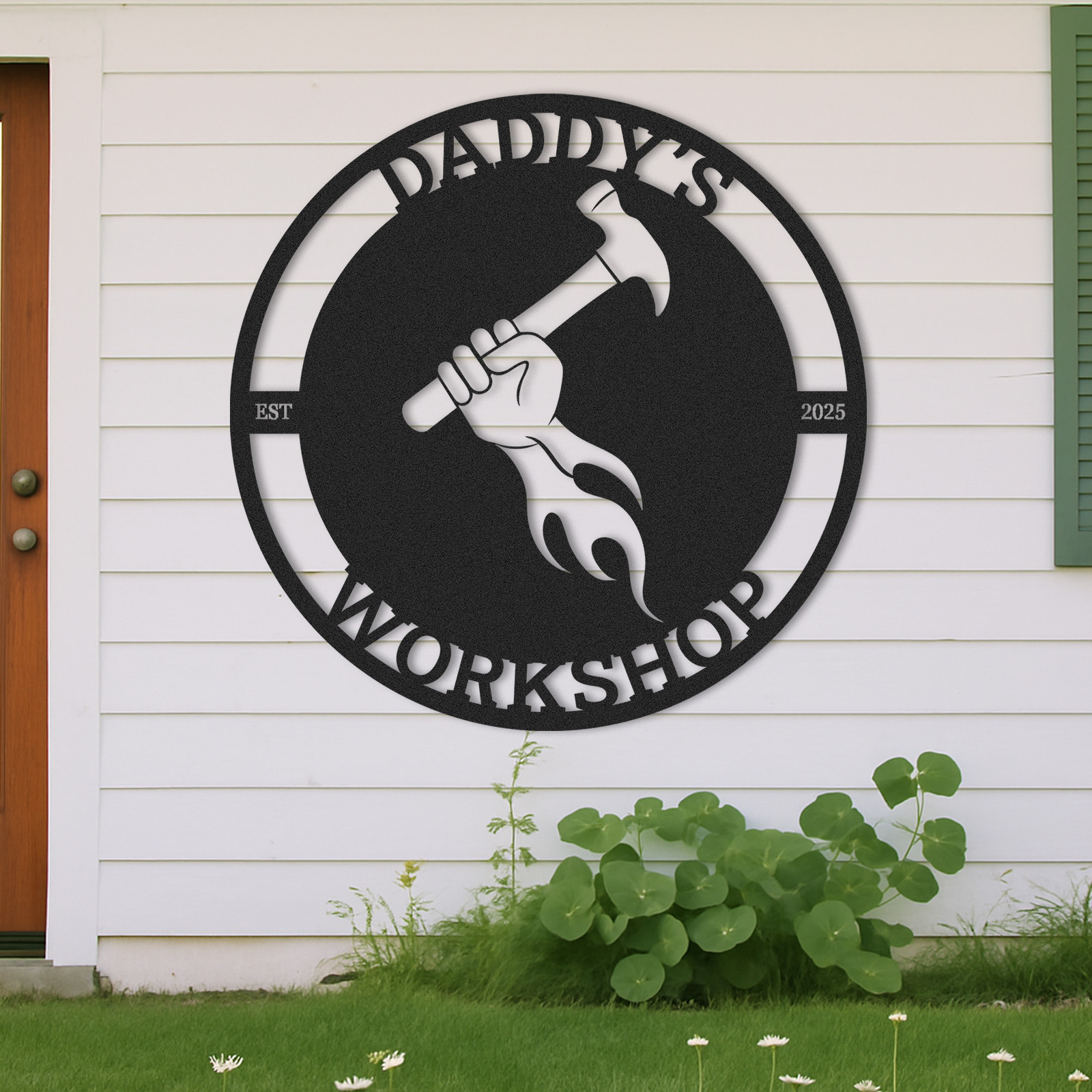 Custom Daddy's Workshop Metal Sign, Personalized Hammer and Flame Wall Art, Garage Decor for Dad, Father's Day Gift from Kids