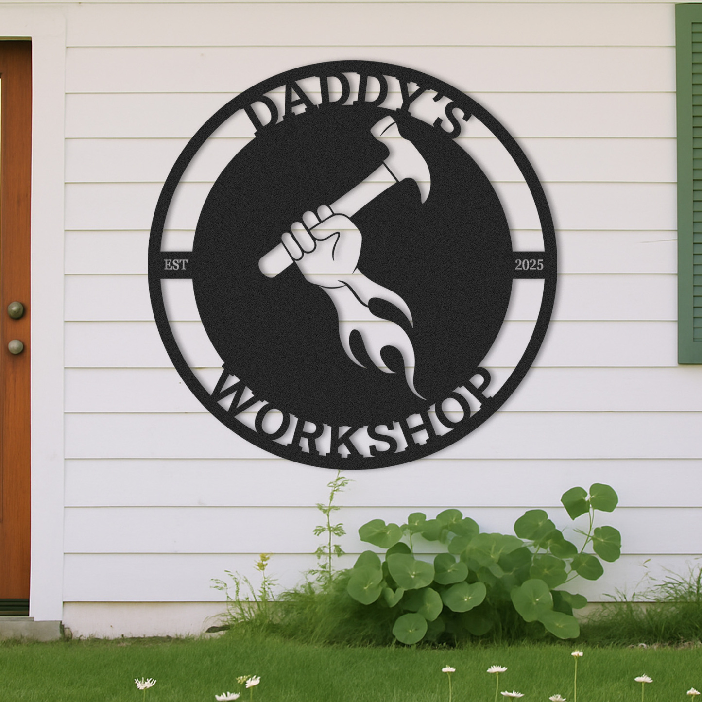 Custom Daddy's Workshop Metal Sign, Personalized Hammer and Flame Wall Art, Garage Decor for Dad, Father's Day Gift from Kids