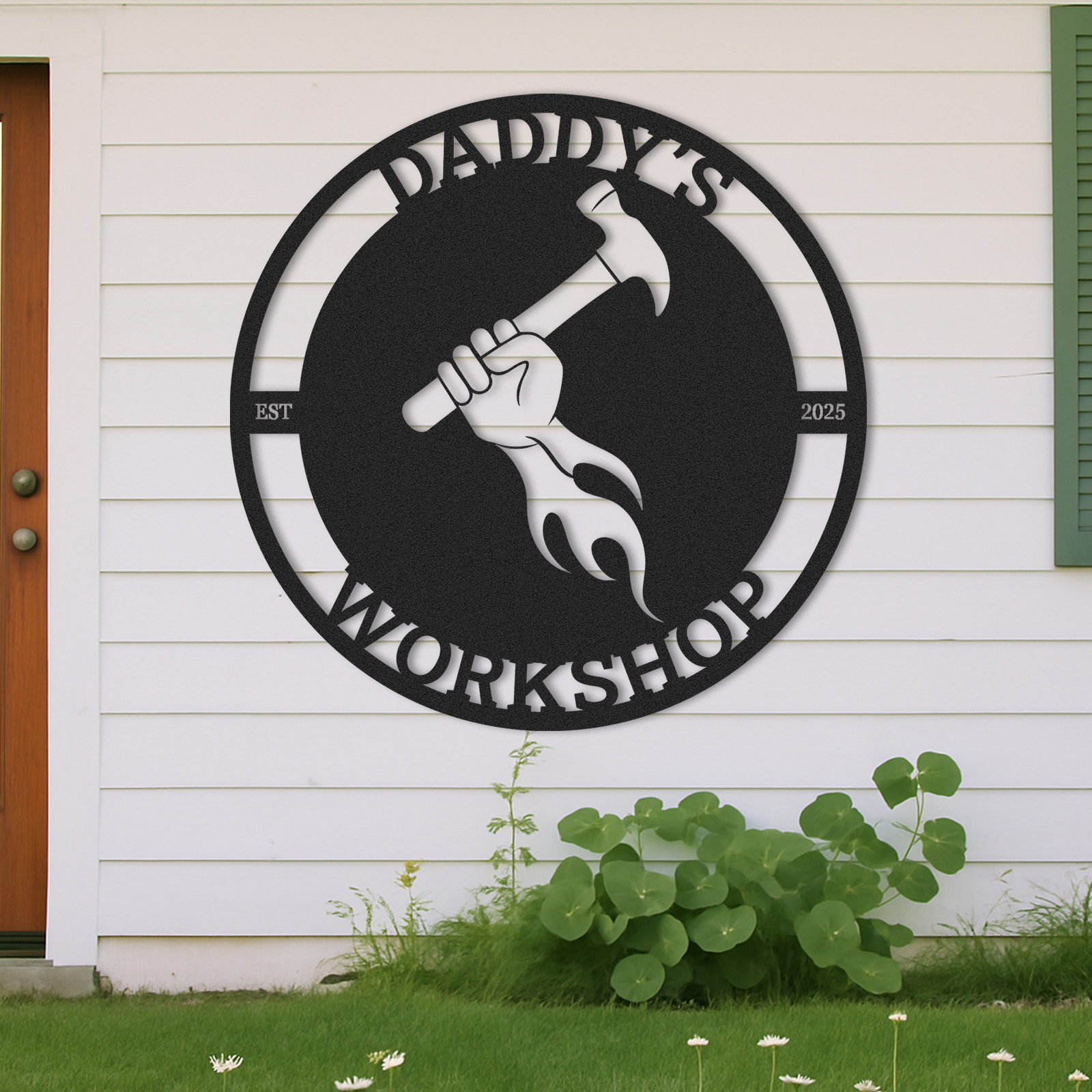 Custom Daddy's Workshop Metal Sign, Personalized Hammer and Flame Wall Art, Garage Decor for Dad, Father's Day Gift from Kids
