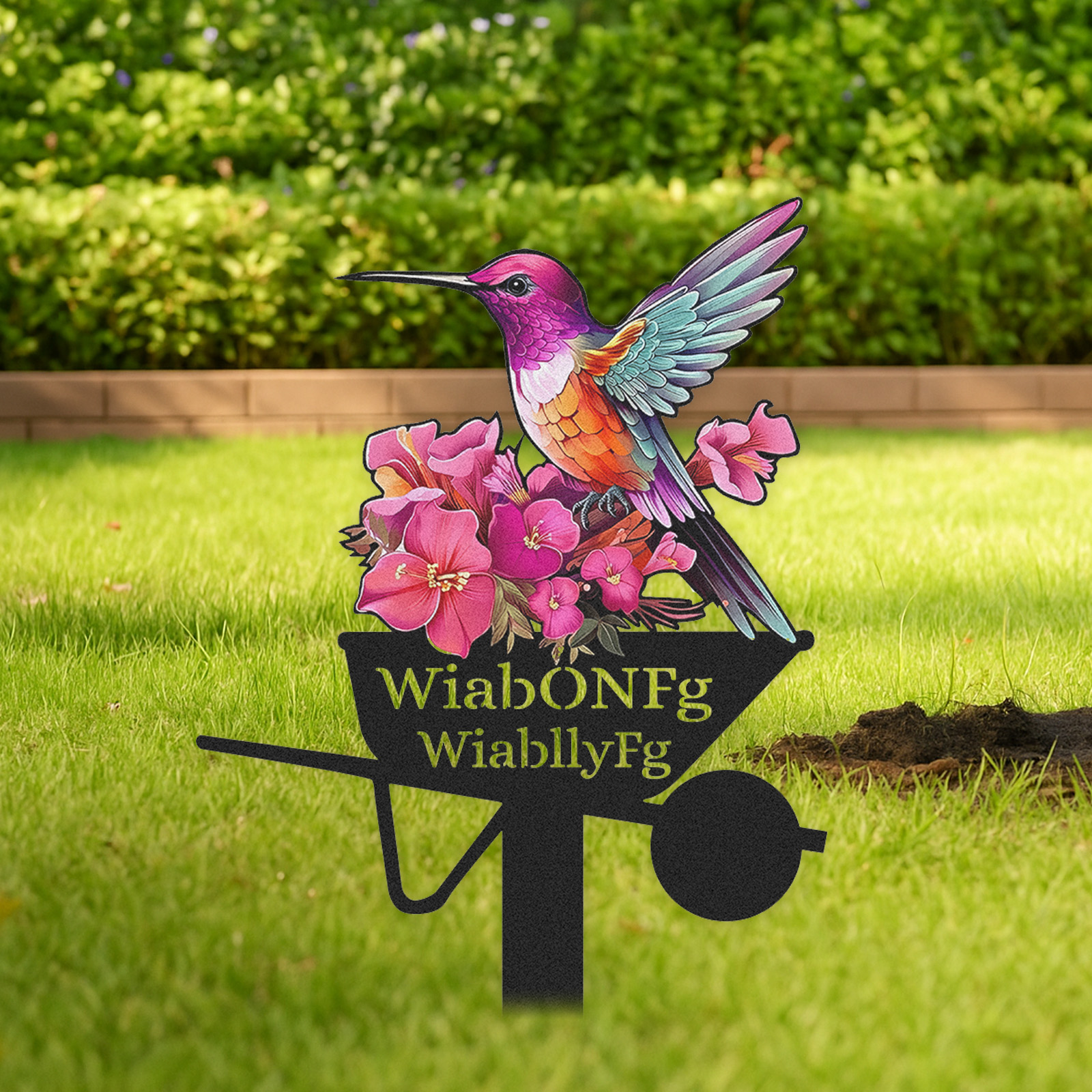 Personalized Hummingbird Garden Sign with Flowers, Custom Colorful Metal Garden Wheelbarrow Stake Sign, Unique Garden Name Sign Outdoor Yard Decor