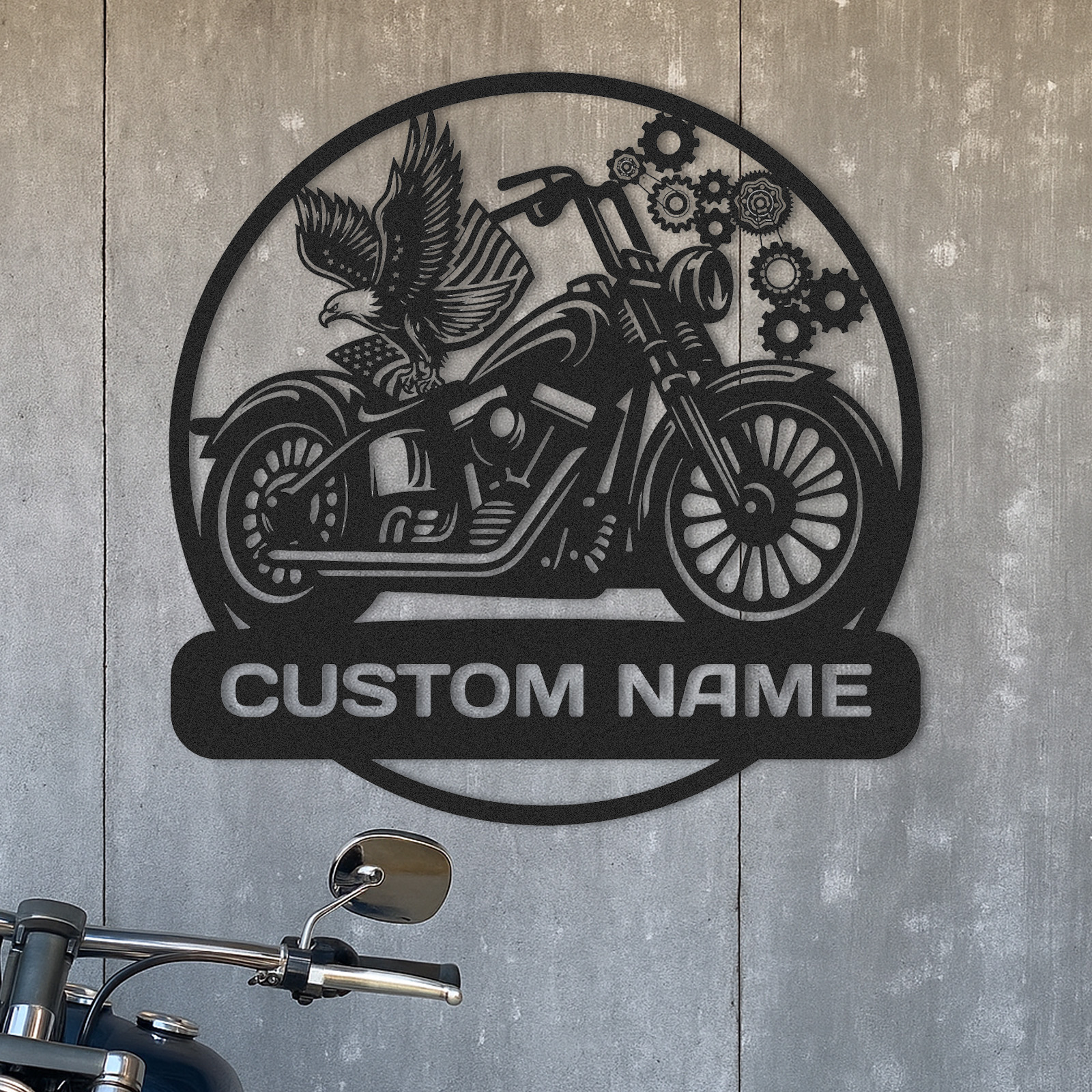 Custom Motorcycle Metal Wall Art with Eagle and Gears, Personalized Name Sign for Garage or Workshop, Biker Gift, Man Cave Decor for Motorbike Enthusiasts