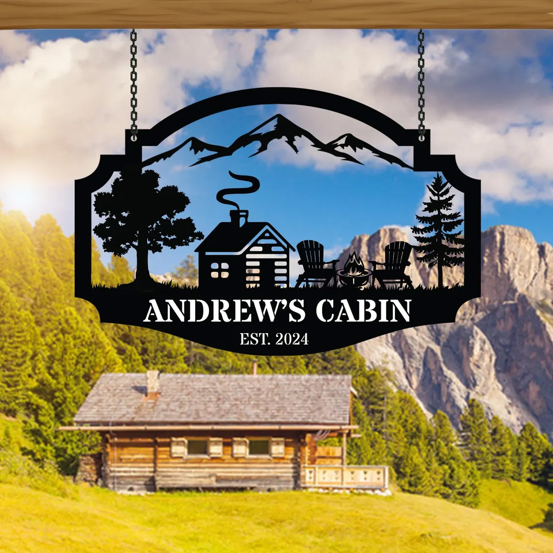 Personalized Cabin Metal Sign with Mountain and Firepit Scene, Custom Lodge Hanging Sign, Rustic Outdoor Decor, Established Year Gift for Cabin Owners