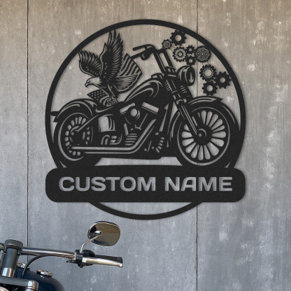 Custom Motorcycle Metal Wall Art with Eagle and Gears, Personalized Name Sign for Garage or Workshop, Biker Gift, Man Cave Decor for Motorbike Enthusiasts