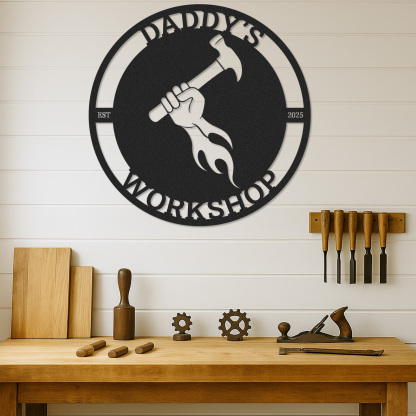 Custom Daddy's Workshop Metal Sign, Personalized Hammer and Flame Wall Art, Garage Decor for Dad, Father's Day Gift from Kids