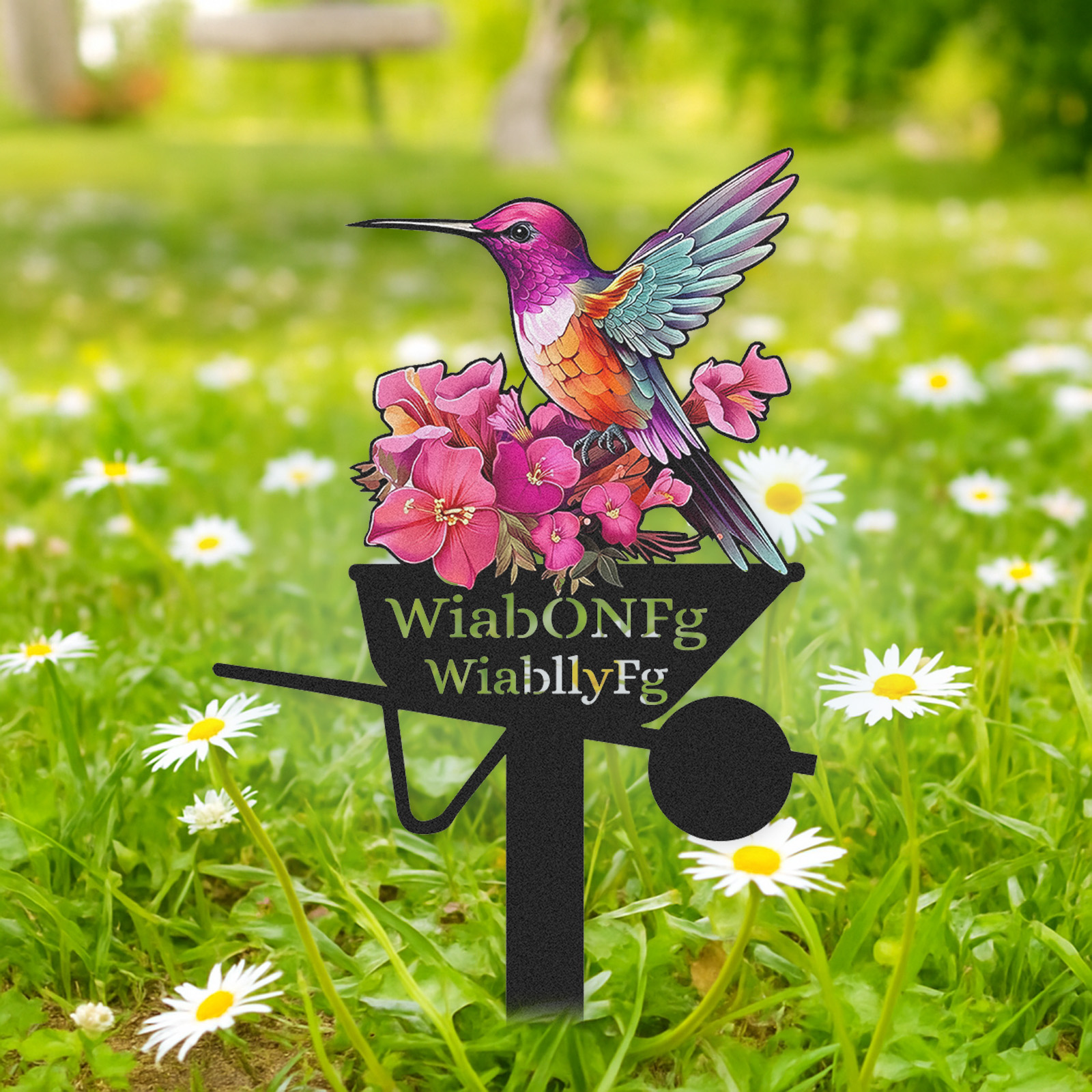 Personalized Hummingbird Garden Sign with Flowers, Custom Colorful Metal Garden Wheelbarrow Stake Sign, Unique Garden Name Sign Outdoor Yard Decor