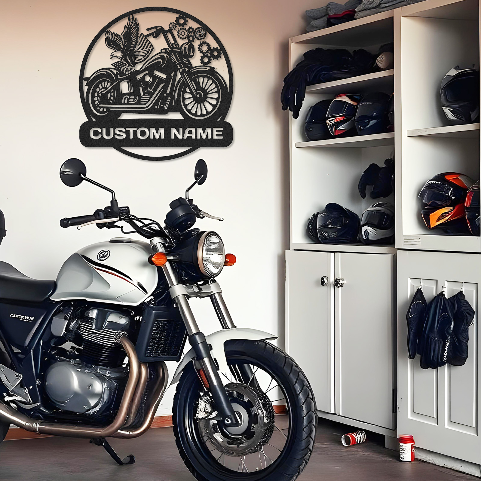 Custom Motorcycle Metal Wall Art with Eagle and Gears, Personalized Name Sign for Garage or Workshop, Biker Gift, Man Cave Decor for Motorbike Enthusiasts