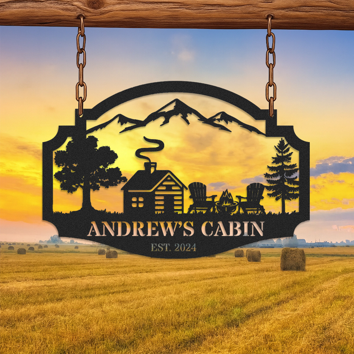 Personalized Cabin Metal Sign with Mountain and Firepit Scene, Custom Lodge Hanging Sign, Rustic Outdoor Decor, Established Year Gift for Cabin Owners