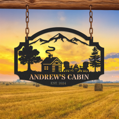 Personalized Cabin Metal Sign with Mountain and Firepit Scene, Custom Lodge Hanging Sign, Rustic Outdoor Decor, Established Year Gift for Cabin Owners