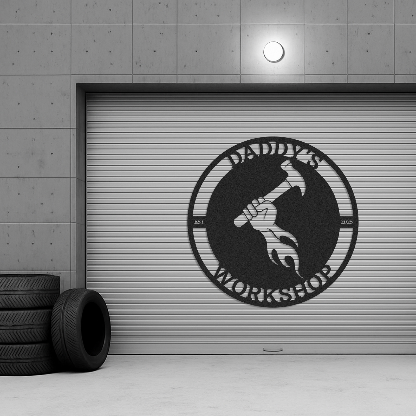 Custom Daddy's Workshop Metal Sign, Personalized Hammer and Flame Wall Art, Garage Decor for Dad, Father's Day Gift from Kids