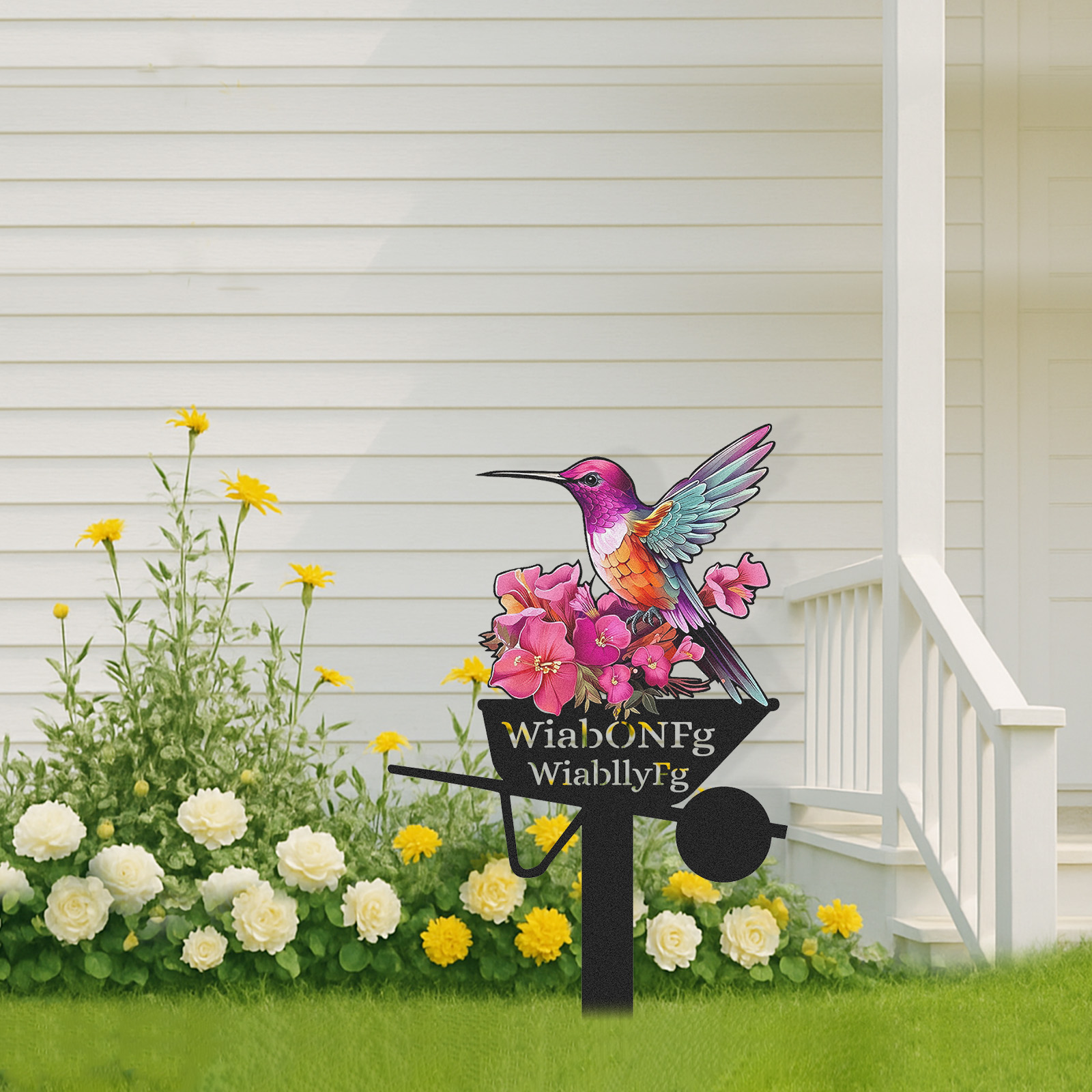 Personalized Hummingbird Garden Sign with Flowers, Custom Colorful Metal Garden Wheelbarrow Stake Sign, Unique Garden Name Sign Outdoor Yard Decor