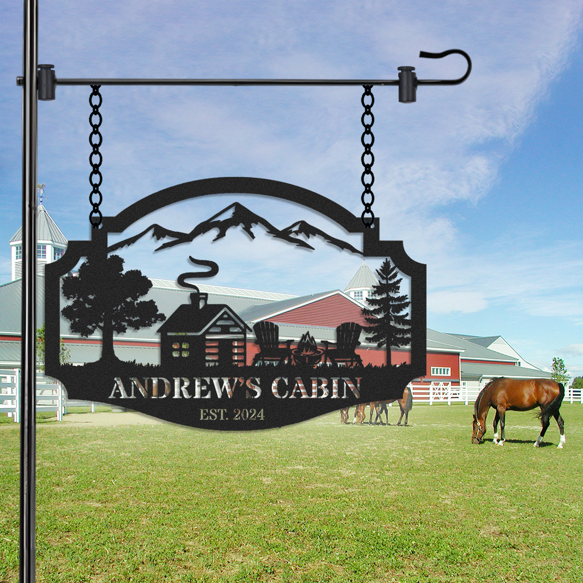 Personalized Cabin Metal Sign with Mountain and Firepit Scene, Custom Lodge Hanging Sign, Rustic Outdoor Decor, Established Year Gift for Cabin Owners