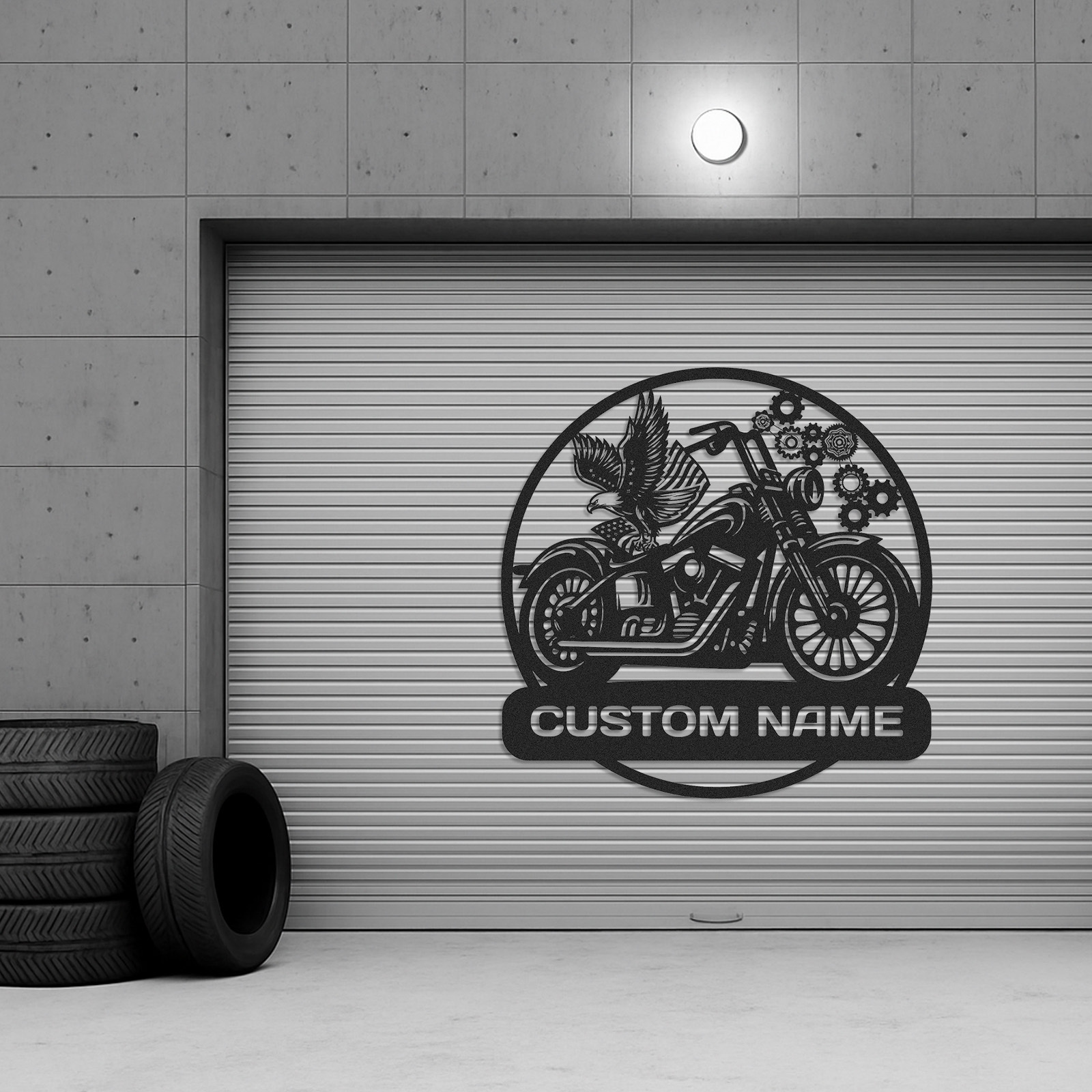 Custom Motorcycle Metal Wall Art with Eagle and Gears, Personalized Name Sign for Garage or Workshop, Biker Gift, Man Cave Decor for Motorbike Enthusiasts