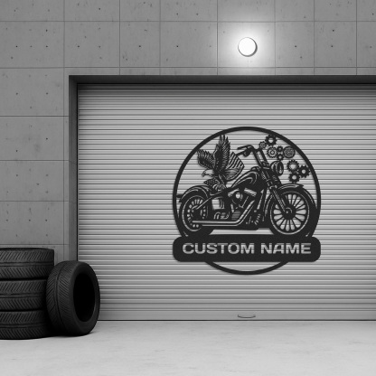 Custom Motorcycle Metal Wall Art with Eagle and Gears, Personalized Name Sign for Garage or Workshop, Biker Gift, Man Cave Decor for Motorbike Enthusiasts