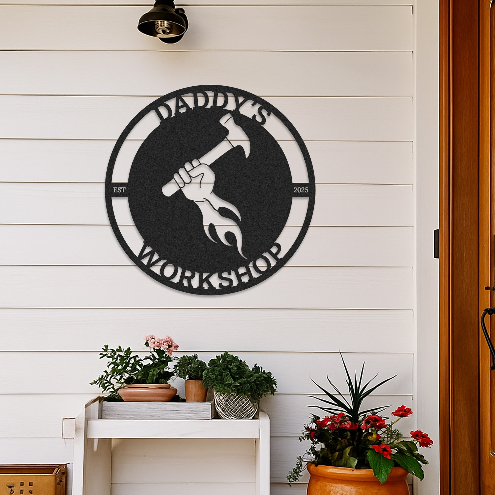 Custom Daddy's Workshop Metal Sign, Personalized Hammer and Flame Wall Art, Garage Decor for Dad, Father's Day Gift from Kids