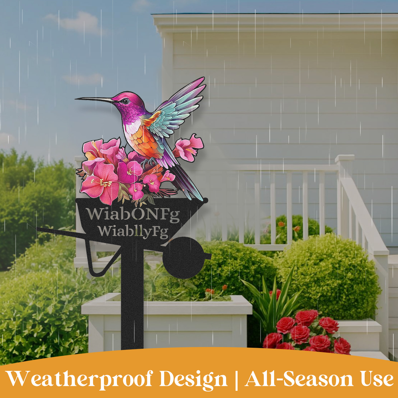 Personalized Hummingbird Garden Sign with Flowers, Custom Colorful Metal Garden Wheelbarrow Stake Sign, Unique Garden Name Sign Outdoor Yard Decor