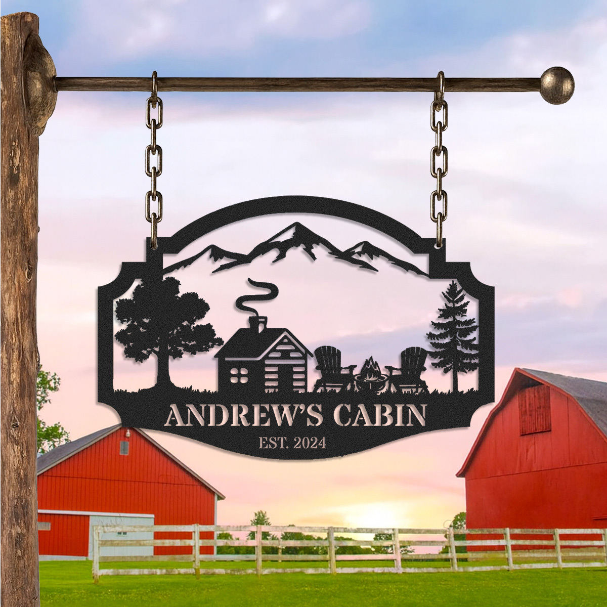 Personalized Cabin Metal Sign with Mountain and Firepit Scene, Custom Lodge Hanging Sign, Rustic Outdoor Decor, Established Year Gift for Cabin Owners