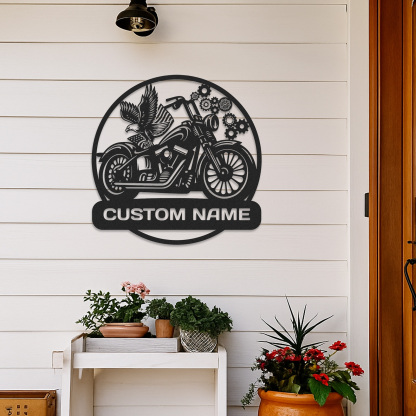 Custom Motorcycle Metal Wall Art with Eagle and Gears, Personalized Name Sign for Garage or Workshop, Biker Gift, Man Cave Decor for Motorbike Enthusiasts