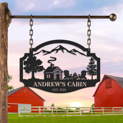 Personalized Cabin Metal Sign with Mountain and Firepit Scene, Custom Lodge Hanging Sign, Rustic Outdoor Decor, Established Year Gift for Cabin Owners