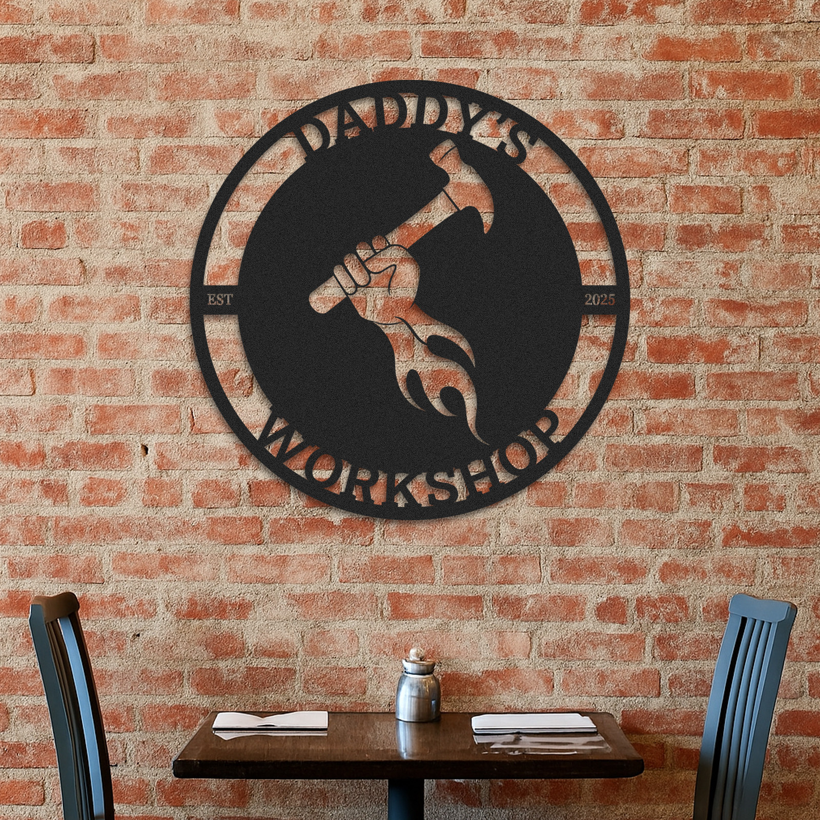 Custom Daddy's Workshop Metal Sign, Personalized Hammer and Flame Wall Art, Garage Decor for Dad, Father's Day Gift from Kids