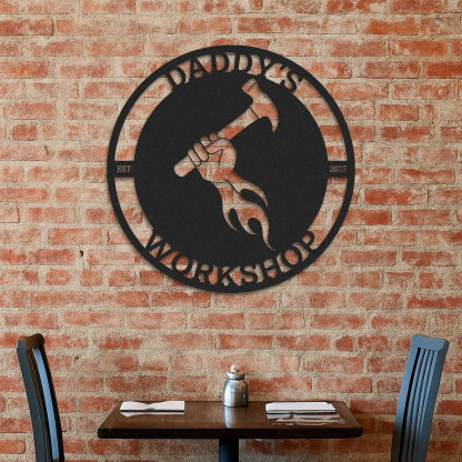 Custom Daddy's Workshop Metal Sign, Personalized Hammer and Flame Wall Art, Garage Decor for Dad, Father's Day Gift from Kids