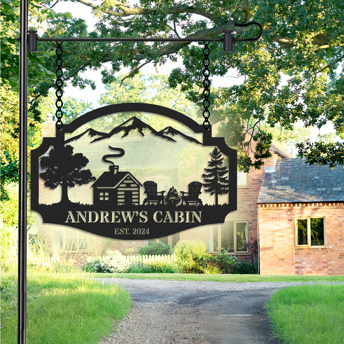 Personalized Cabin Metal Sign with Mountain and Firepit Scene, Custom Lodge Hanging Sign, Rustic Outdoor Decor, Established Year Gift for Cabin Owners