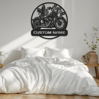 Custom Motorcycle Metal Wall Art with Eagle and Gears, Personalized Name Sign for Garage or Workshop, Biker Gift, Man Cave Decor for Motorbike Enthusiasts