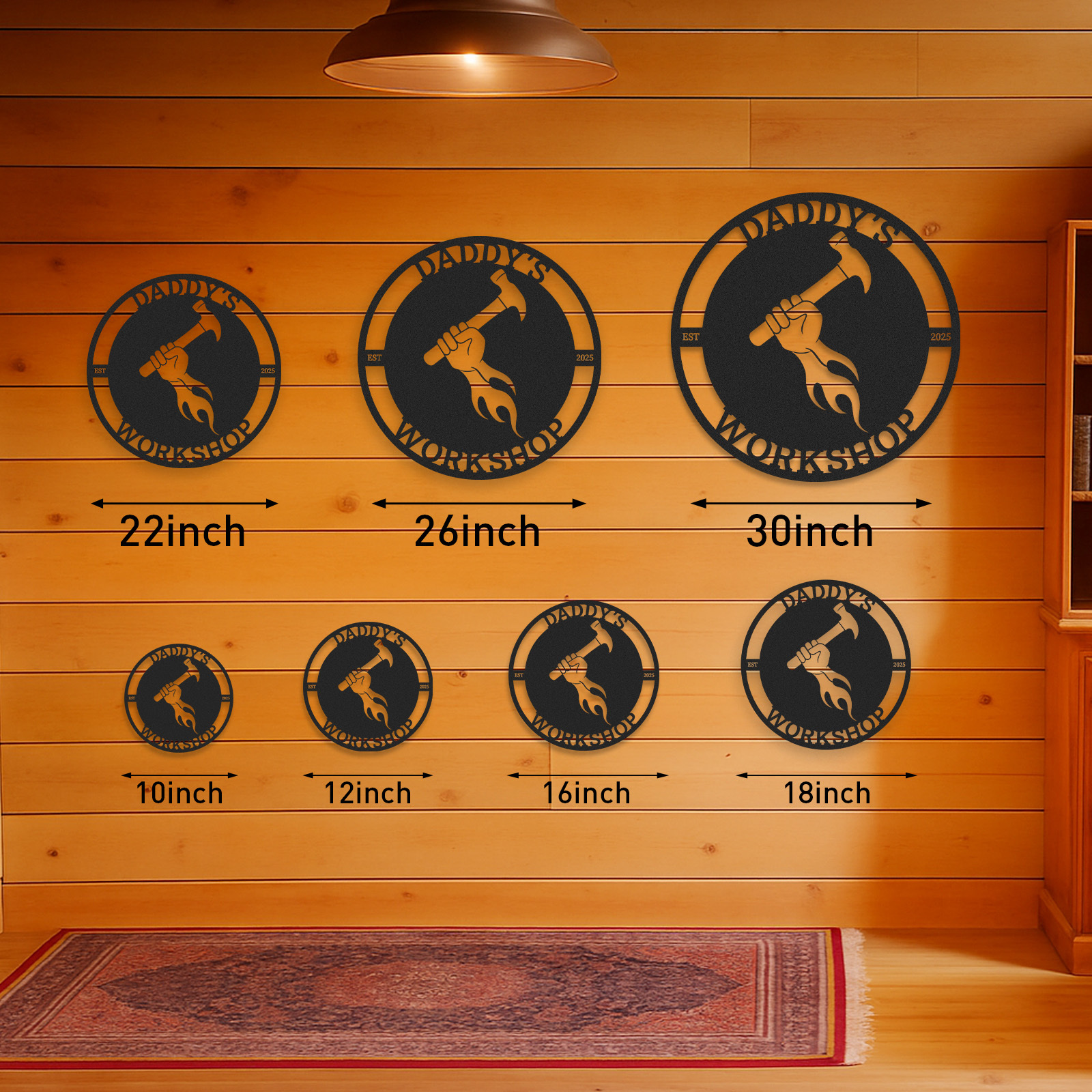 Custom Daddy's Workshop Metal Sign, Personalized Hammer and Flame Wall Art, Garage Decor for Dad, Father's Day Gift from Kids