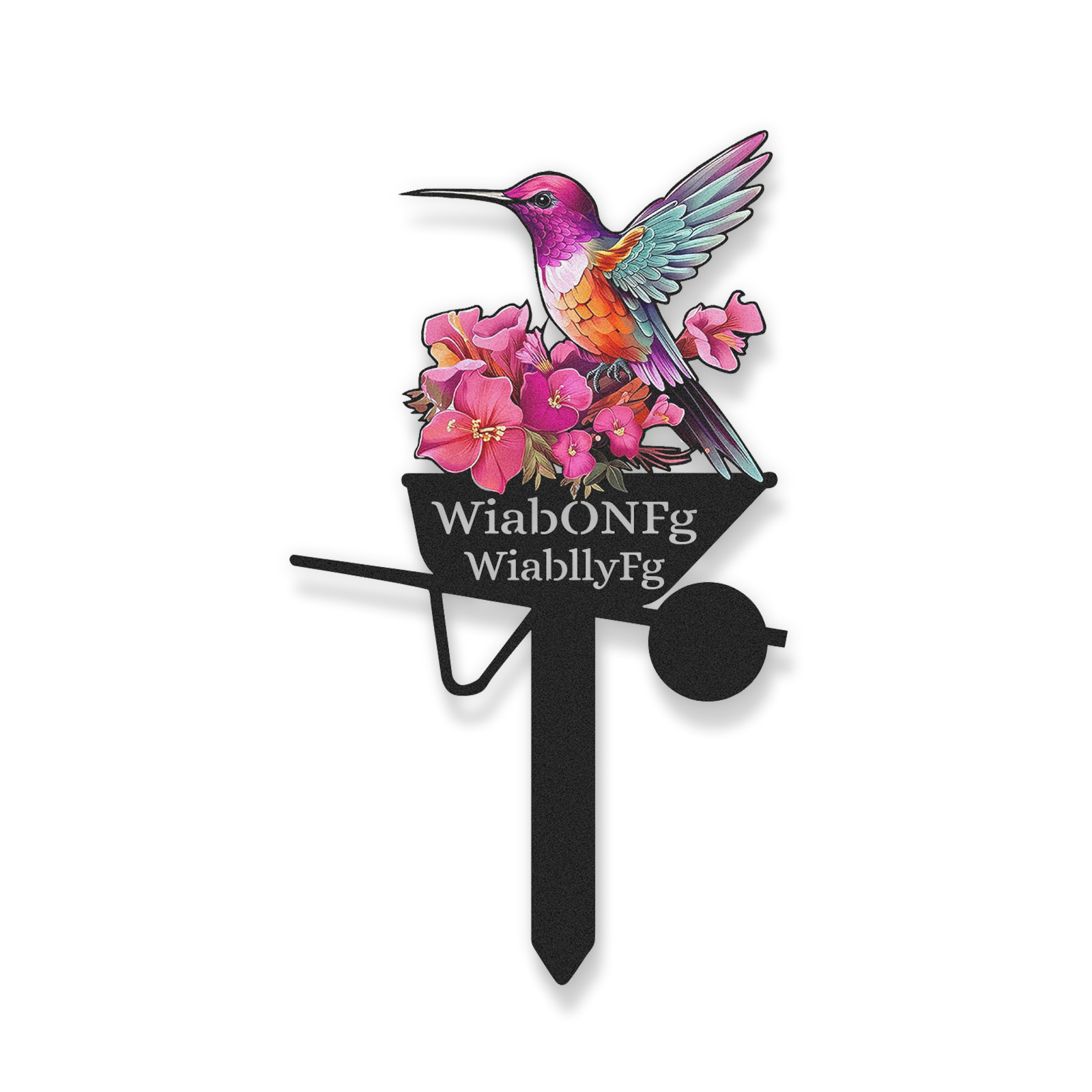 Personalized Hummingbird Garden Sign with Flowers, Custom Colorful Metal Garden Wheelbarrow Stake Sign, Unique Garden Name Sign Outdoor Yard Decor
