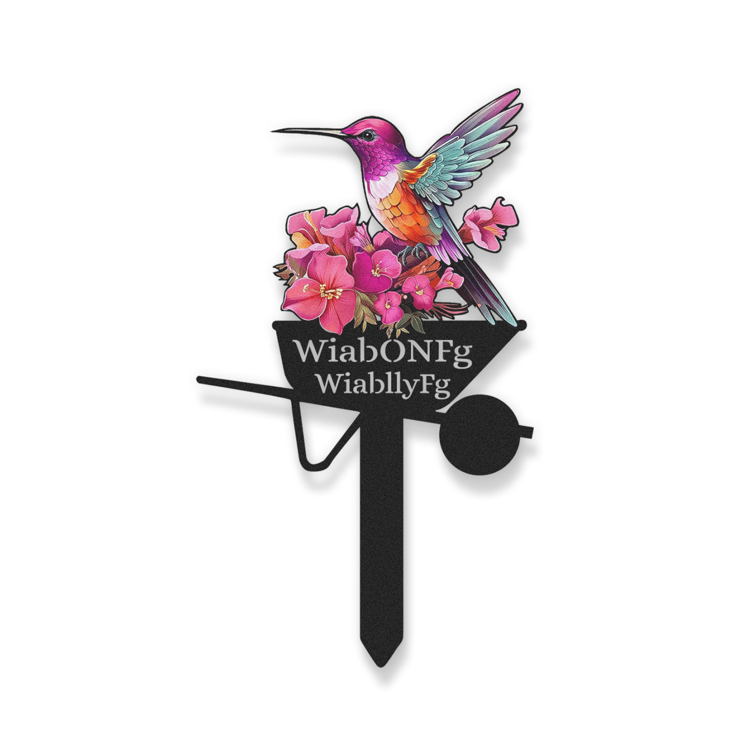 Personalized Hummingbird Garden Sign with Flowers, Custom Colorful Metal Garden Wheelbarrow Stake Sign, Unique Garden Name Sign Outdoor Yard Decor
