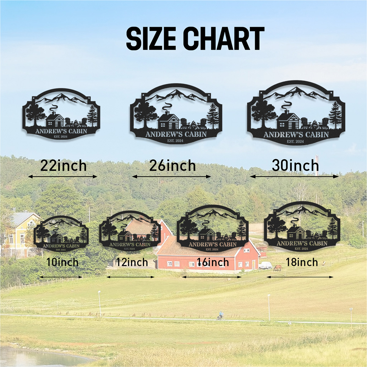 Personalized Cabin Metal Sign with Mountain and Firepit Scene, Custom Lodge Hanging Sign, Rustic Outdoor Decor, Established Year Gift for Cabin Owners