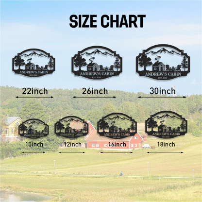 Personalized Cabin Metal Sign with Mountain and Firepit Scene, Custom Lodge Hanging Sign, Rustic Outdoor Decor, Established Year Gift for Cabin Owners