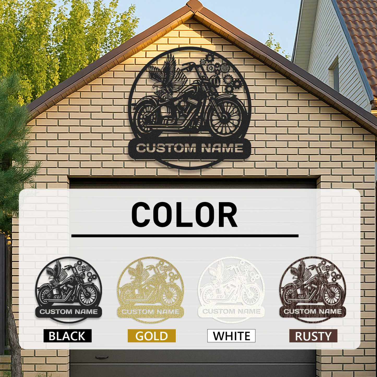 Custom Motorcycle Metal Wall Art with Eagle and Gears, Personalized Name Sign for Garage or Workshop, Biker Gift, Man Cave Decor for Motorbike Enthusiasts